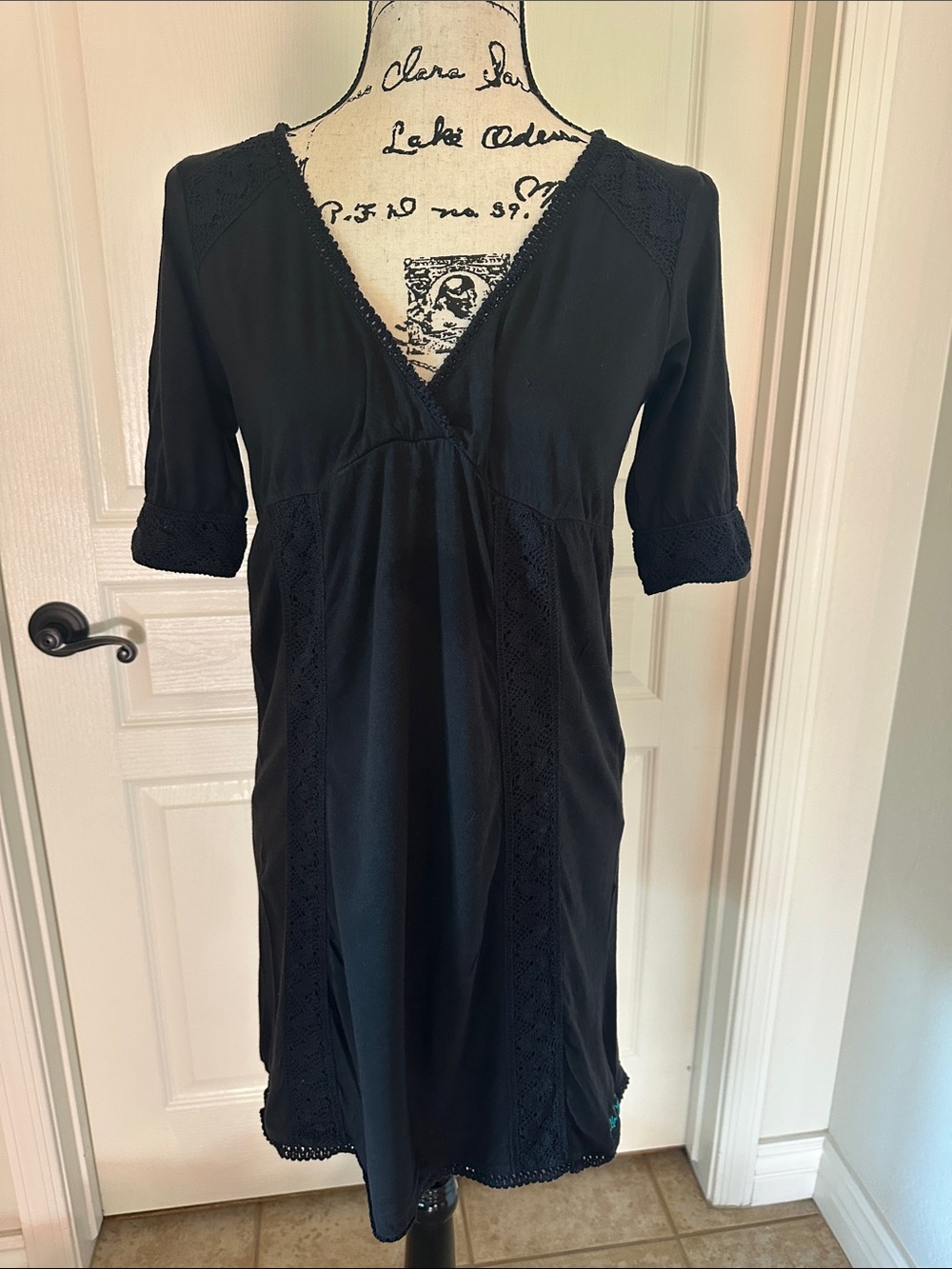 Billabong Black V‑Neck Mini Dress with Crochet Trim